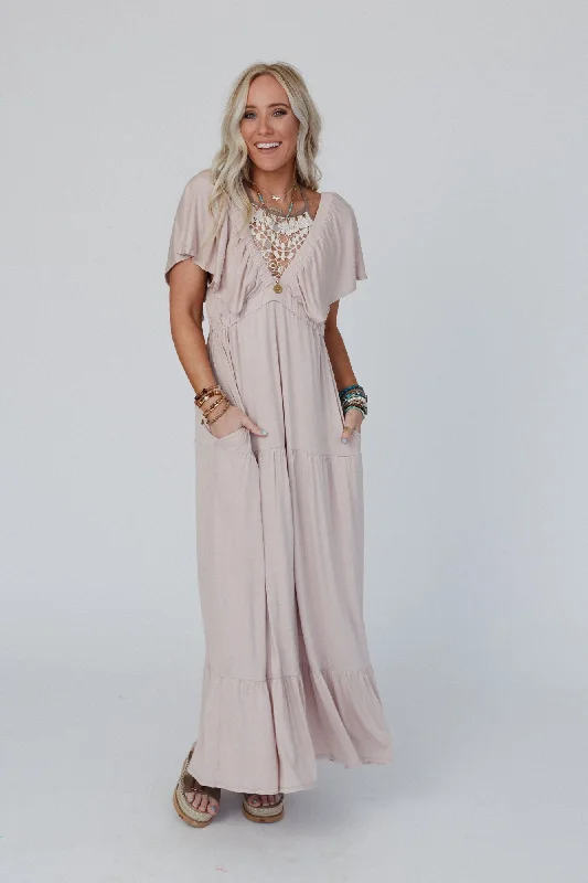 deep v-neck dresses & jumpsuits On Repeat Open Back Ruffle Maxi Dress - Sand