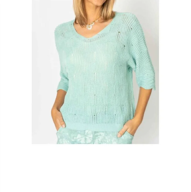 Trendy knit sweater coats Chic Breeze V Neck Open Weave Sweater In Aqua