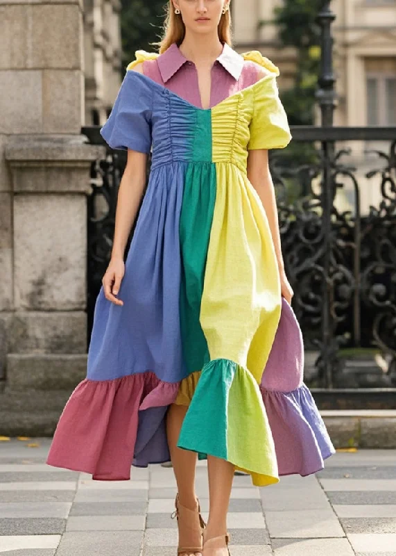 fun party jumpsuits & dresses Colorblock Patchwork Chiffon Long Dresses Asymmetrical Wrinkled Summer