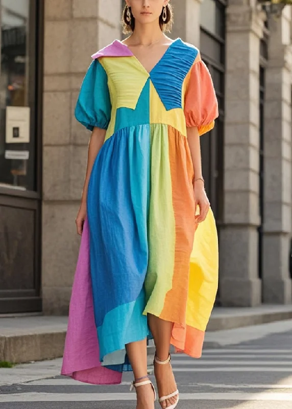 summer mini dresses & jumpsuits Women Colorblock Asymmetrical Patchwork Wrinkled Cotton Vacation Dresses Summer