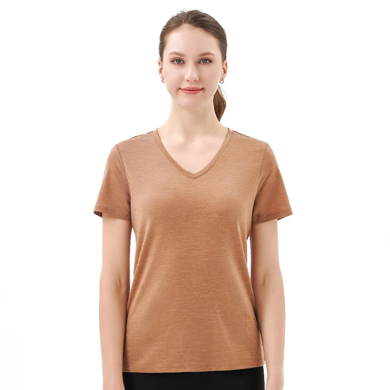 vibrant casual T-Shirts women Women’s Merino 170g V-Neck  Short Sleeve T-Shirt  Caramel