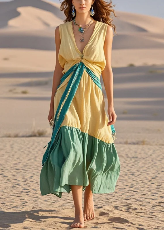 casual chic jumpsuits & dresses Chic Yellow Asymmetrical Patchwork Cotton Long Dresses Sleeveless