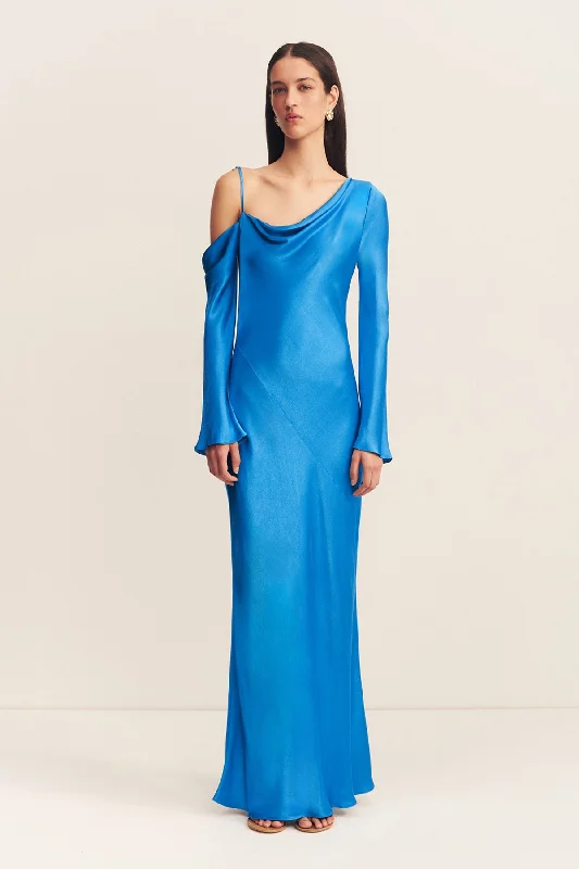 neon dresses & jumpsuits NORA ASYMMETRICAL LONG SLEEVE MAXI DRESS - AQUA