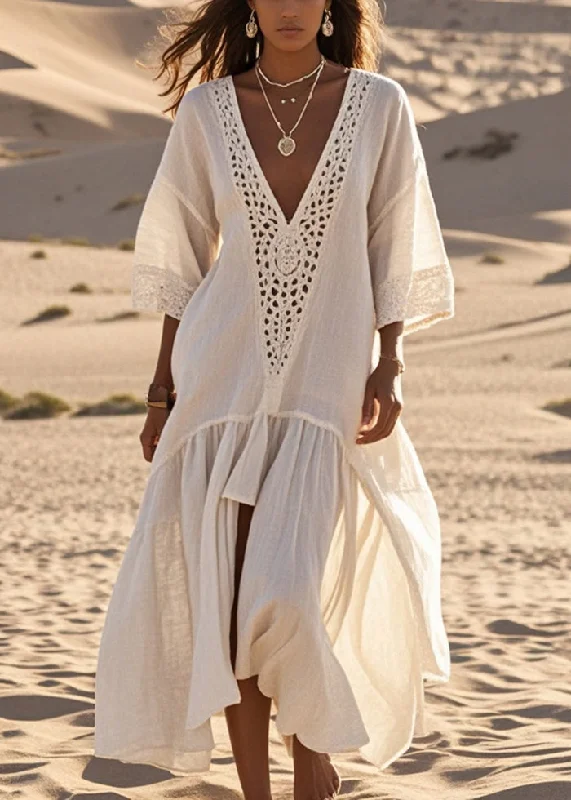 affordable plus size dresses & jumpsuits Elegant White Oversized Lace Patchwork Cotton Long Dresses Summer