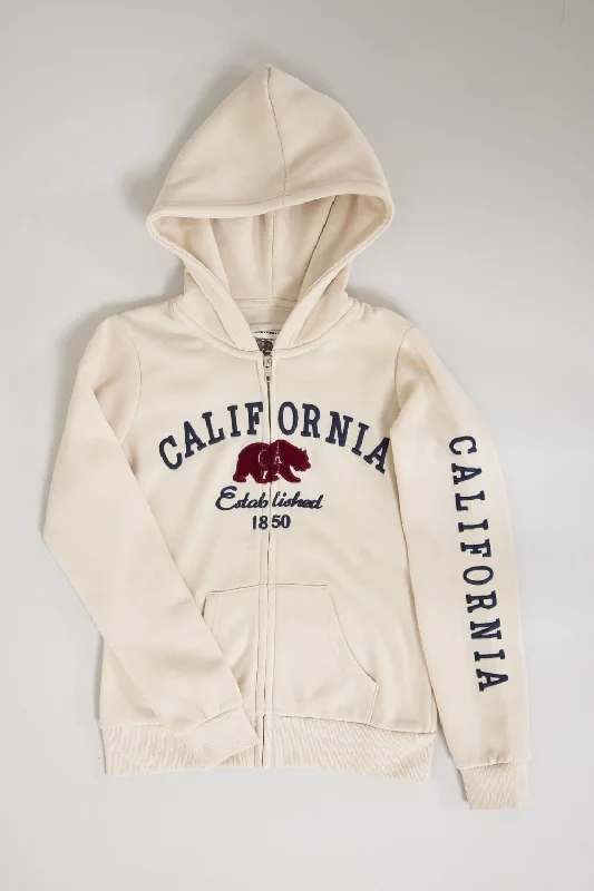 Printed Women's Top 1897 Active Youth California Embroidered Full Zip Hoodie for Girls in Cream | K100-CREAM