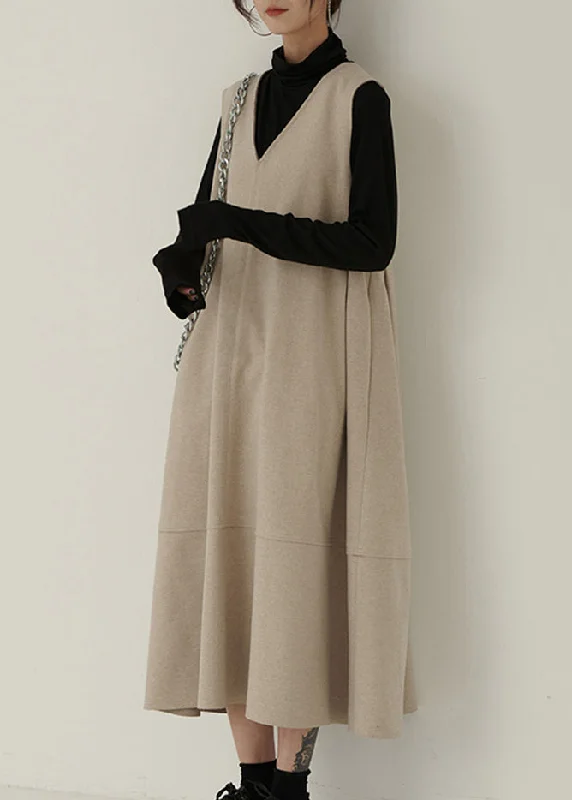 zip-up dresses & jumpsuits New Apricot V Neck Patchwork Woolen Waistcoat Long Dresses Sleeveless