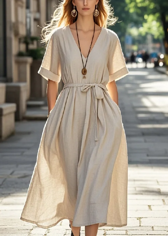 casual jumpsuit styles & dresses Women Apricot Tie Waist Cotton Long Dresses Summer