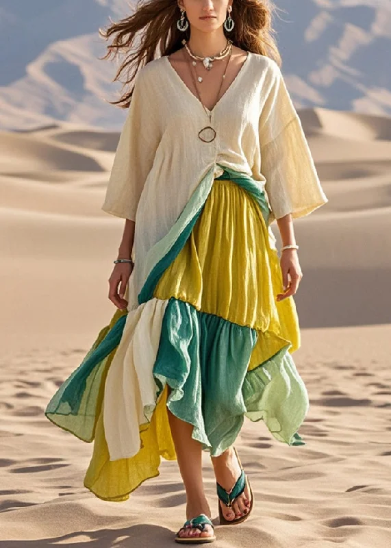 sexy dresses & jumpsuits Elegant Khaki Asymmetrical Patchwork Cotton Maxi Dresses Bracelet Sleeve