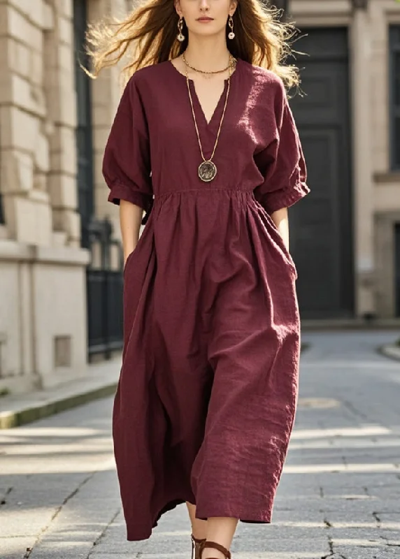 trendy chic dresses & jumpsuits Women Mulberry V Neck Pockets Cotton Dresses Summer