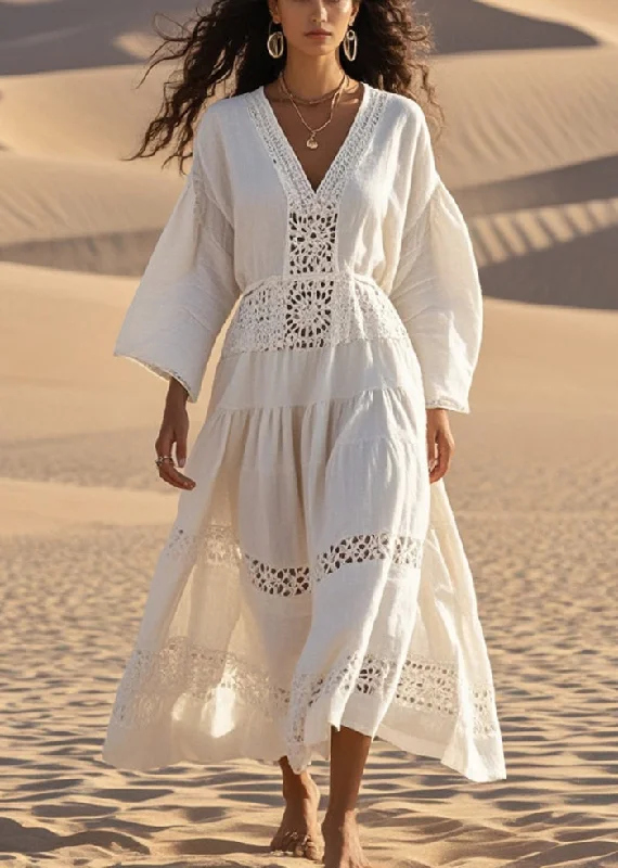 formal wear dresses & jumpsuits Natural White V Neck Hollow Out Cotton Maxi Dresses Fall