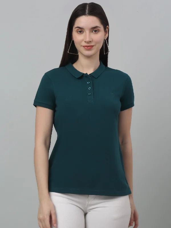 cute minimalist T-Shirts women Women's Casual Regular Short Sleeve Teal Polo neck  T-Shirt