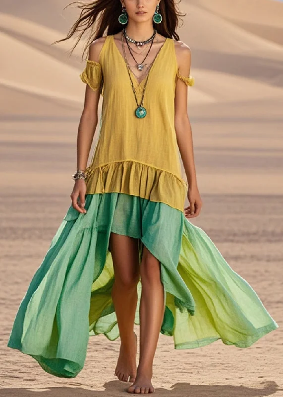 long dress jumpsuits & dresses Yellow Patchwork Cotton Maxi Dresses Cold Shoulder Asymmetrical Design Summer