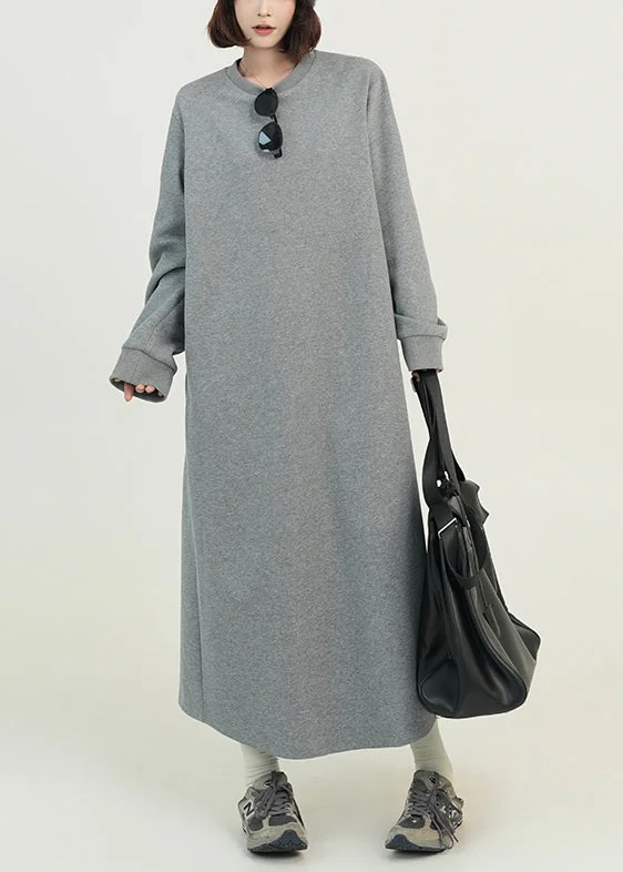 wide-leg jumpsuits & dresses Casual Grey O Neck Loose Cotton Straight Dresses Fall