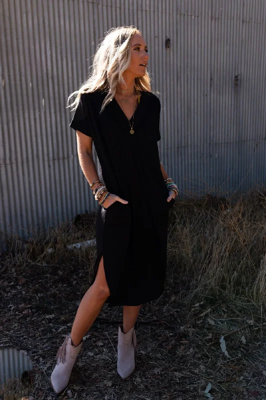 satin romper dresses & jumpsuits The Nest On The Go Round Hem Pocketed Midi Dress - Black