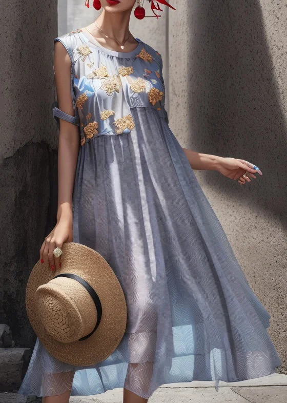 cool evening dresses & jumpsuits Chic Light Blue O Neck Print Patchwork Silk Long Dresses Summer