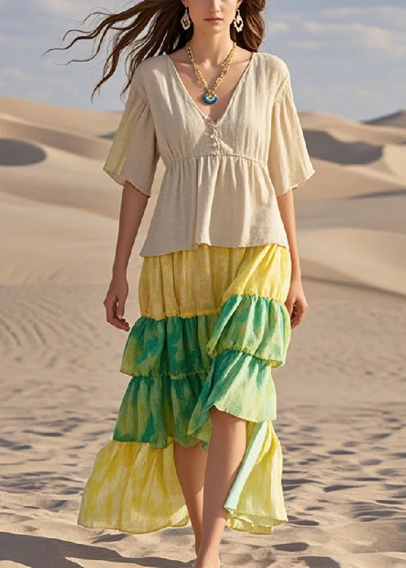 designer jumpsuit dresses & dresses Bohemian Beige Ruffled Patchwork Cotton Dresses Summer