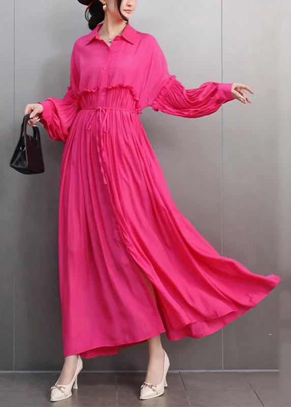 off-shoulder jumpsuits & dresses Natural Red Peter Pan Collar Ruffled Patchwork Maxi Dresses Long Sleeve