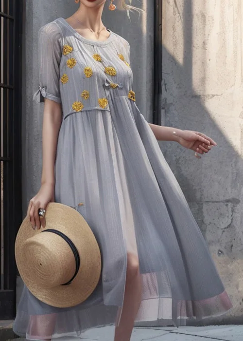 evening party dresses & jumpsuits Art Grey Print Solid Silk Long Dresses Summer