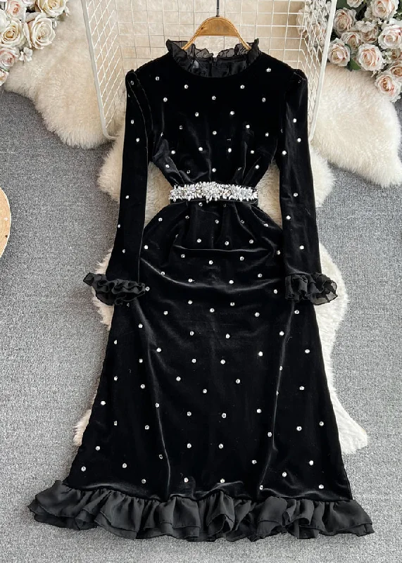 luxury romper dresses & jumpsuits Fashion Black Ruffled Stand Collar Patchwork Zircon Flattering Silk Velvet Long Dresses