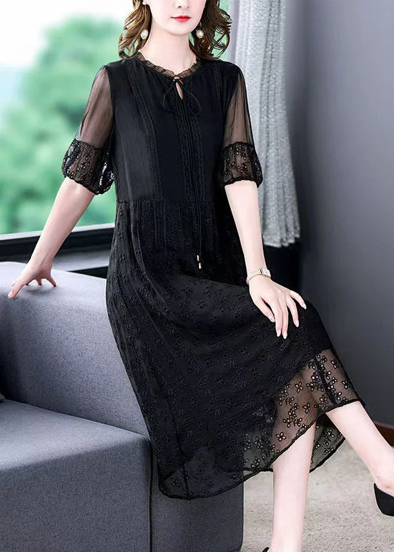 luxury jumpsuits & dresses French Black Embroidered Lace Up Silk Cotton Long Dresses Summer