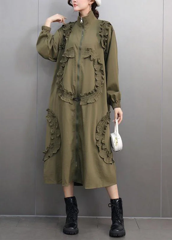 button-up dresses & jumpsuits Unique Army Green Ruffled Patchwork Zippered Long Dresses Spring