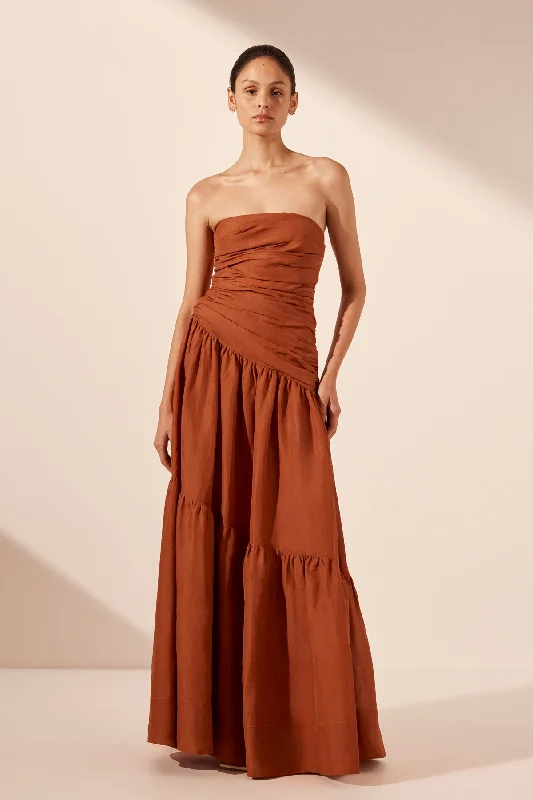 floral dresses for summer & jumpsuits CELESTE STRAPLESS TIERED MAXI DRESS - RUST