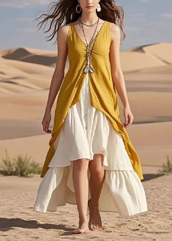 sophisticated casual dresses & jumpsuits Chic Yellow Asymmetrical Patchwork Cotton Beach Dresses Summer