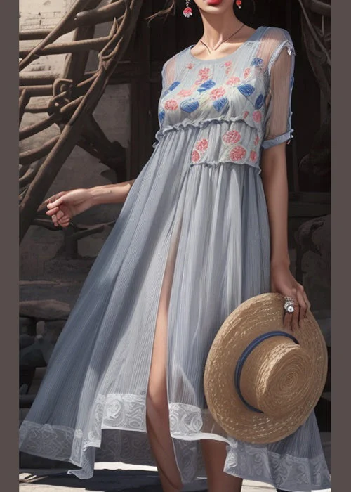 formal summer dresses & jumpsuits Chic Grey Print Side Open Cotton Long Dresses Summer