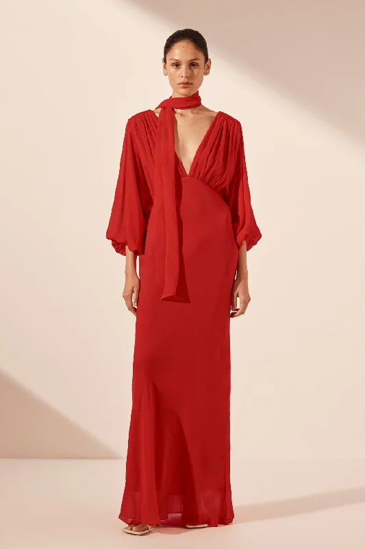 chic evening dresses & jumpsuits AMINA PLUNGE BALLOON SLEEVE MAXI DRESS - CHILLI