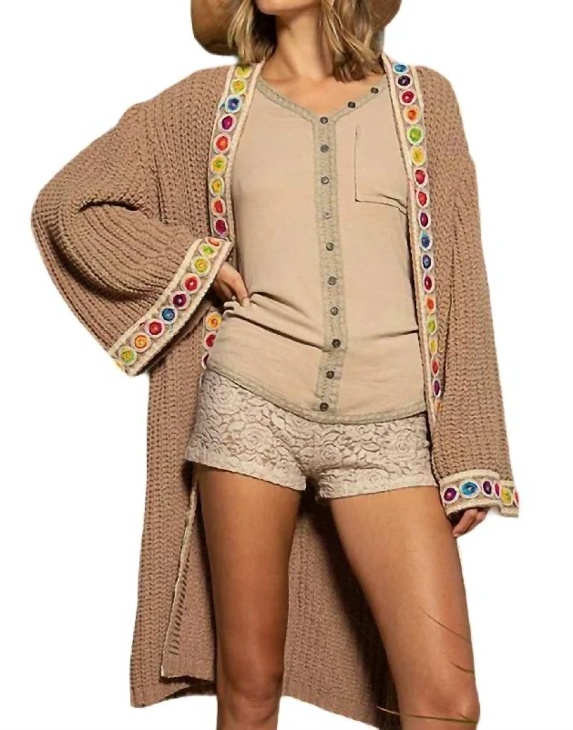 Long knit sweater vests Chenille Cardigan With Trim In Mocha