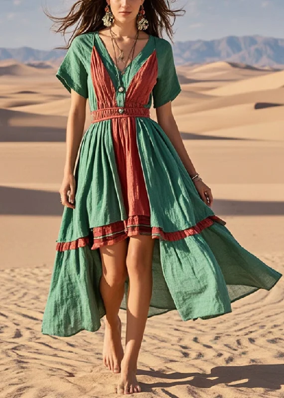 ruffle sleeve dresses & jumpsuits Beautiful Green Asymmetrical Patchwork Cotton Vacation Dresses Summer