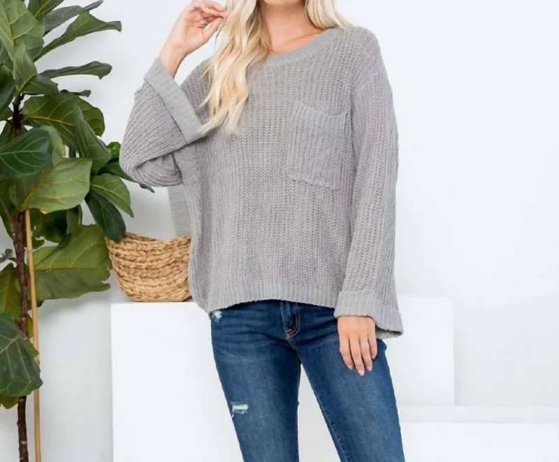 Soft woven sweaters Breezy Days Sweater With Pocket And Cuffed Bell Sleeves In Grey