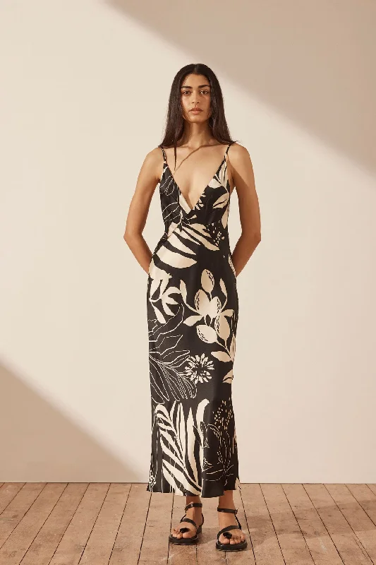 romantic dresses & jumpsuits for fall CAPRI SILK PLUNGED SLIP MIDI DRESS