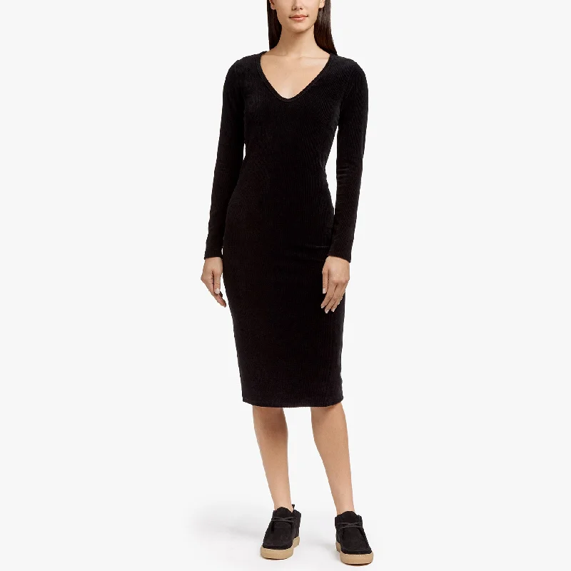 Sleeveless Casual Women's Top Knit Corduroy Long Sleeve Dress - Black