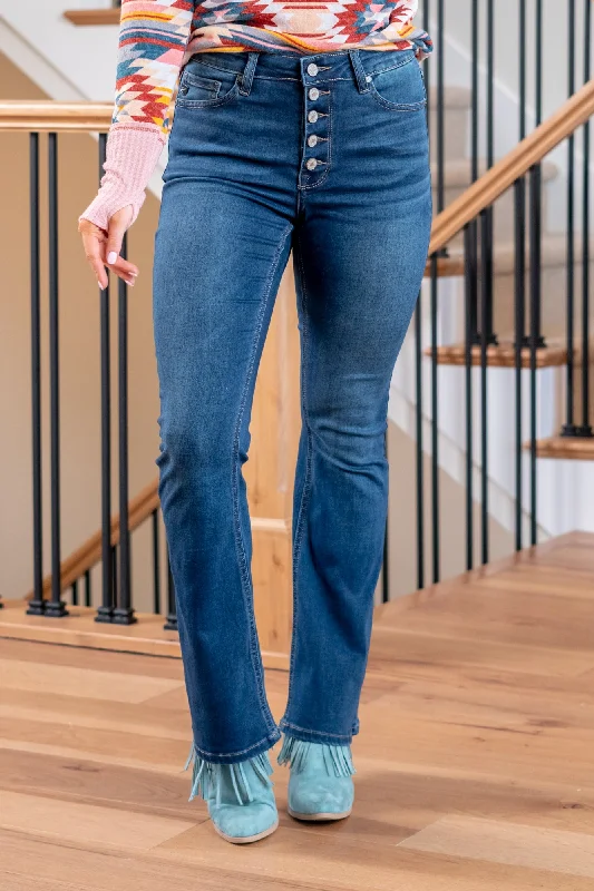 High-rise slim leg jeans women Petite Aurora Exposed Button Fly High Boot Cut