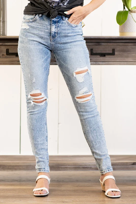 Straight cut jeans women Dark Age High Rise Ripped Knee Skinny