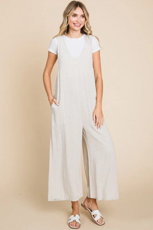 cute lounge pants Solid Linen Sleeveless Jumpsuit