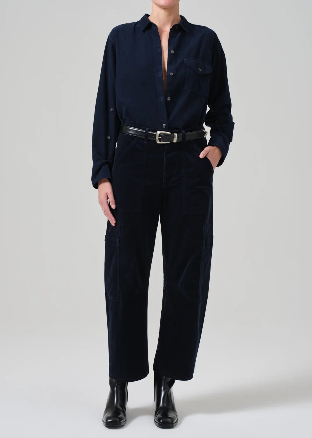 womens straight leg pants Citizens of Humanity - Marcelle in Navy Cargo Corduroy