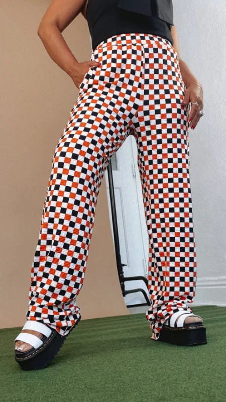 classic bootcut pants for women ECB Exclusive : Kickin' It Checkered Pant, Orange/Black