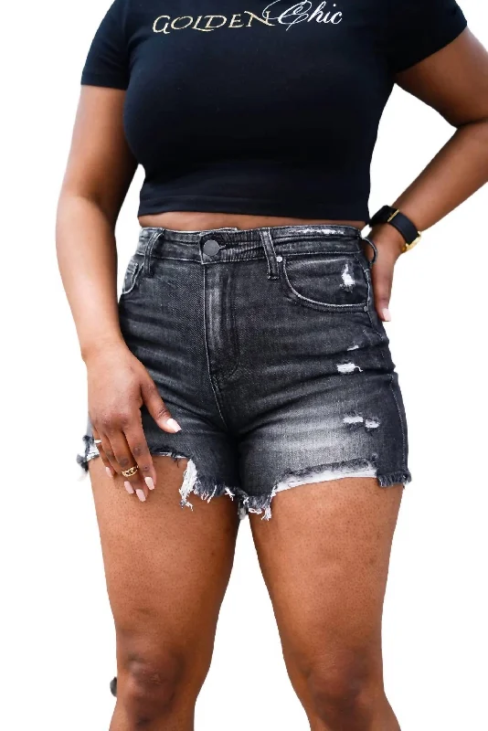 Women’s denim shorts with style High Rise Distressed Denim Shorts In Black-Wash