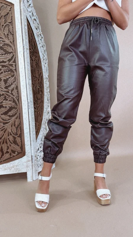 chic white dress pants Leather Joggers, Brown