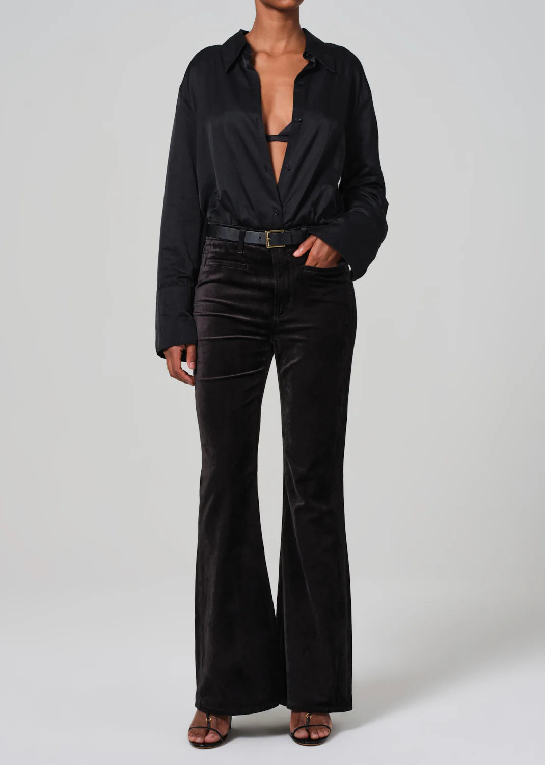 formal pants for curvy women Lilah Flare With Welt Pocket Velvet in Black