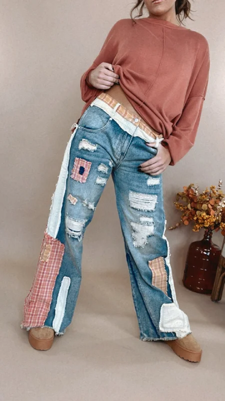 comfy stretch pants for women Oli & Hali: Preslee Patchwork Wide Leg Jeans