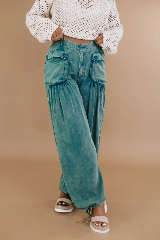 simple denim pants for women Oli & Hali: Washed Wide Leg Parachute Pants, Teal Green