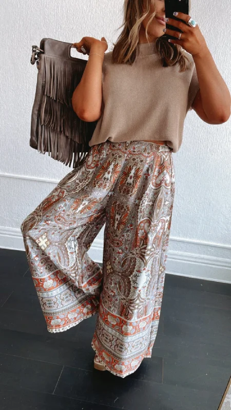 oversized women’s pants Boho Paisley Satin Wide Leg Pant