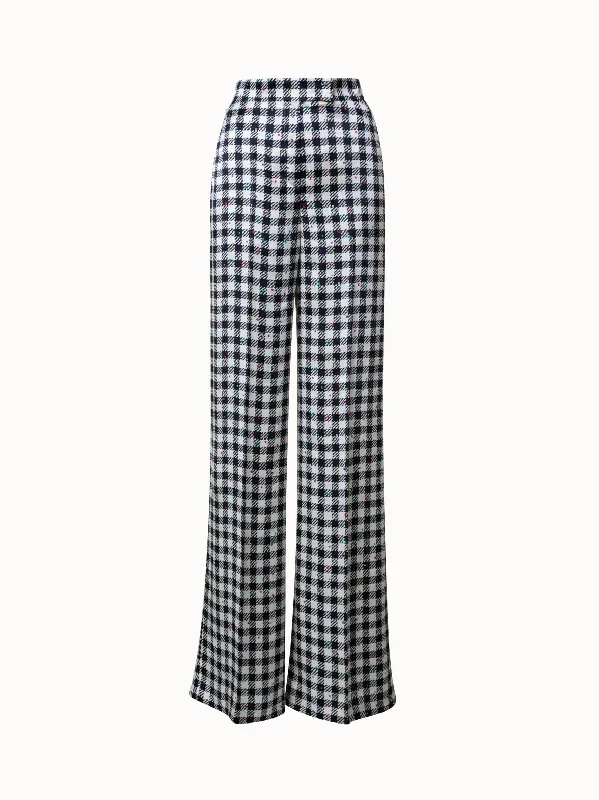 stretch cotton skinny pants Silk Satin Wide Leg Pants with Tweed Check Print